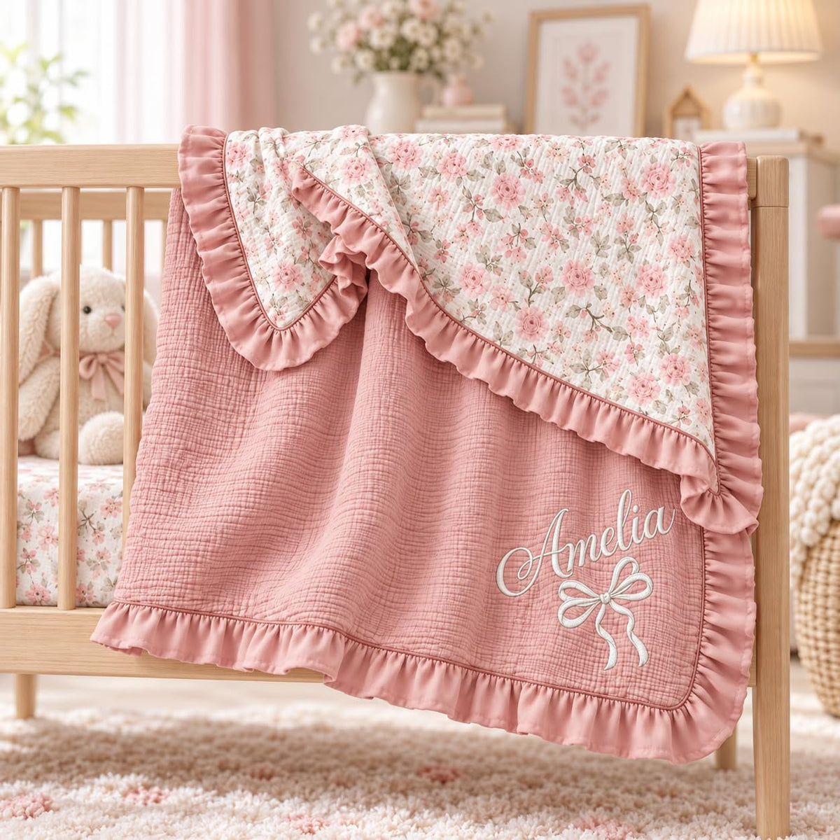 LilaLand Personalized Baby Blanket - Pink / Floral / Bow - detail 6