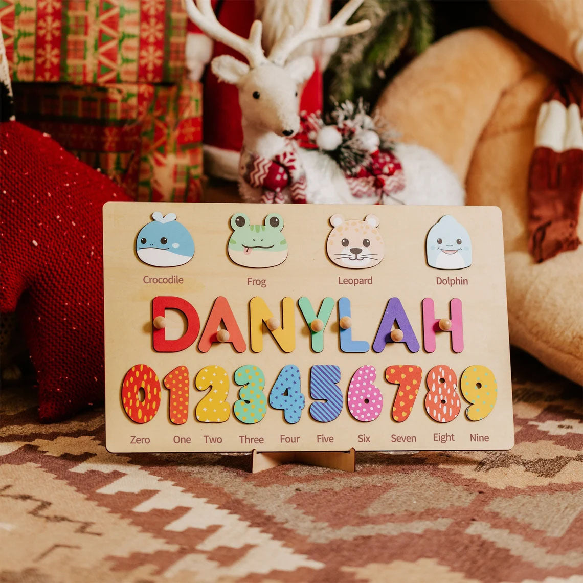 Custom Kids Name Puzzle With Pegs, Animal Puzzle With Numbers, Montessori Toys Board Custom Name