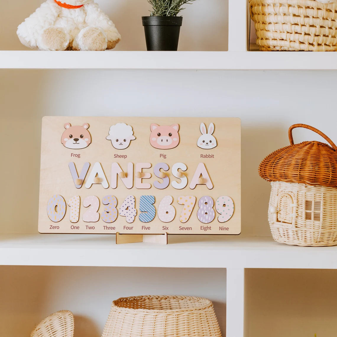 Custom Kids Name Puzzle With Pegs, Animal Puzzle With Numbers, Montessori Toys Board Custom Name