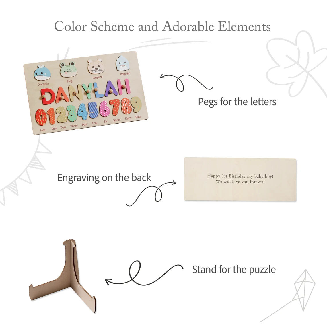 Custom Kids Name Puzzle With Pegs, Animal Puzzle With Numbers, Montessori Toys Board Custom Name