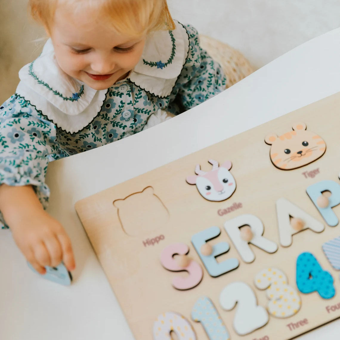 Custom Kids Name Puzzle With Pegs, Animal Puzzle With Numbers, Montessori Toys Board Custom Name