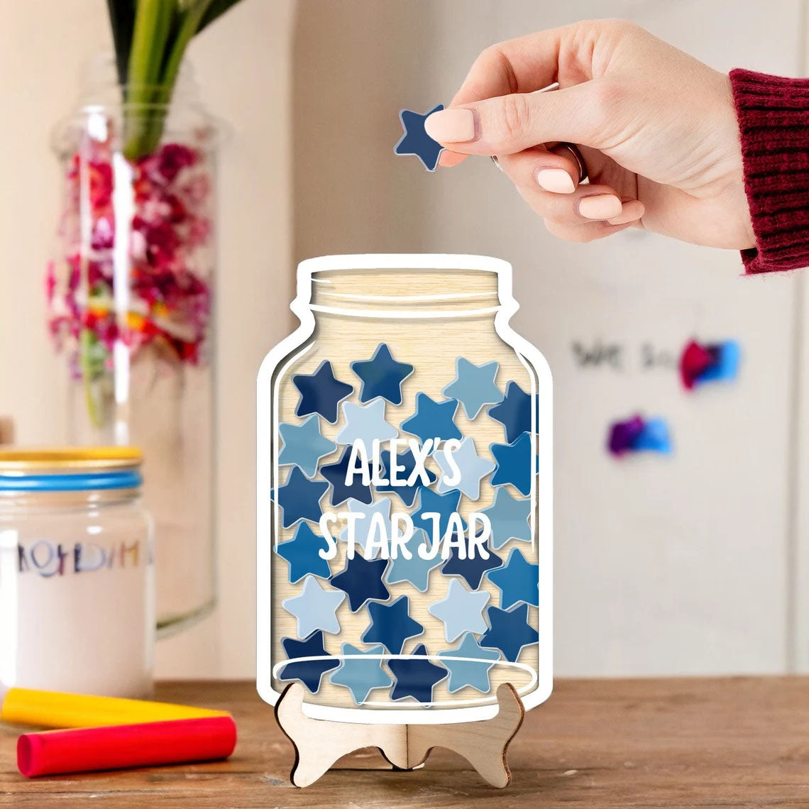 Custom Kids Reward Jar With Blue Stars, Rainbow Classroom Teacher Star Jar