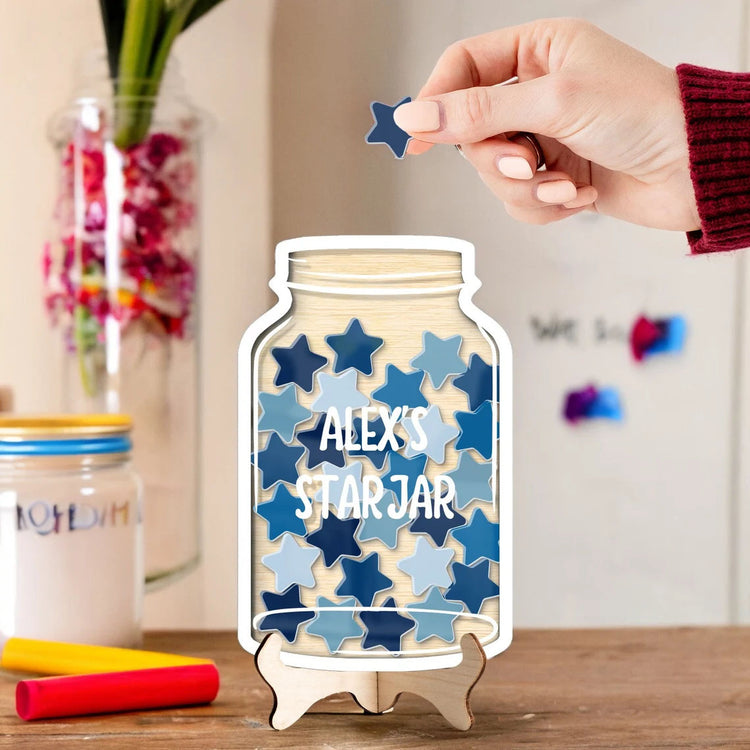 Custom Kids Reward Jar With Blue Stars, Rainbow Classroom Teacher Star Jar