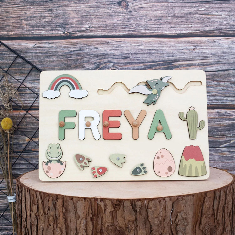 Dinosaur Personalized Baby Wooden Name Puzzle, Custom Montessori Toys