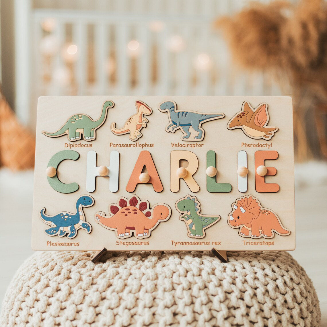 Personalized Dinosaur Name Puzzle Whith Pegs, Montessori Toys Of Kids