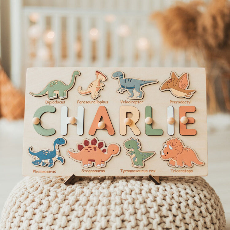 Personalized Dinosaur Name Puzzle Whith Pegs, Montessori Toys Of Kids