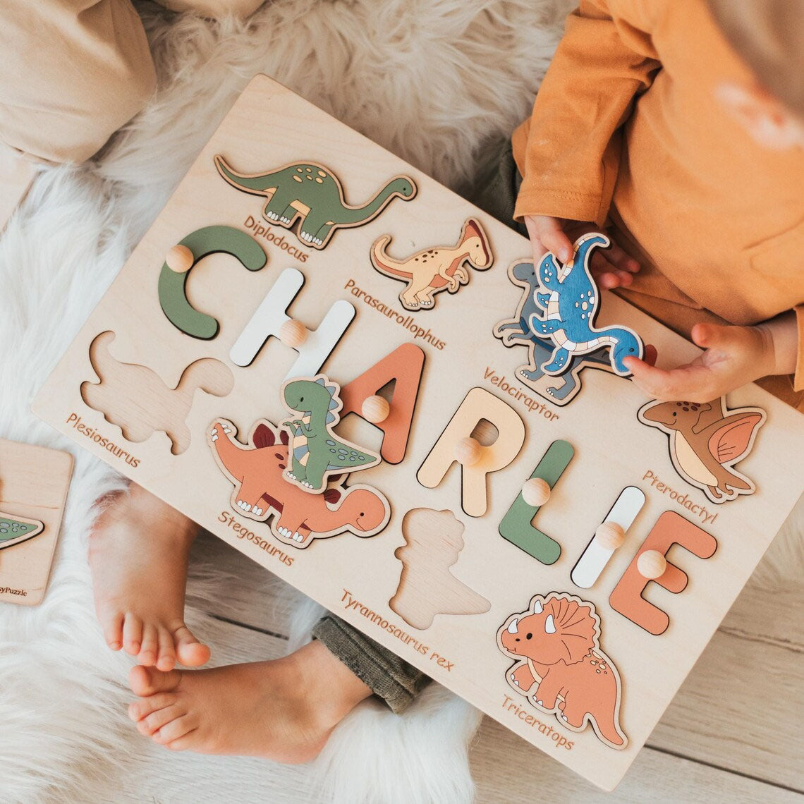 Personalized Dinosaur Name Puzzle Whith Pegs, Montessori Toys Of Kids
