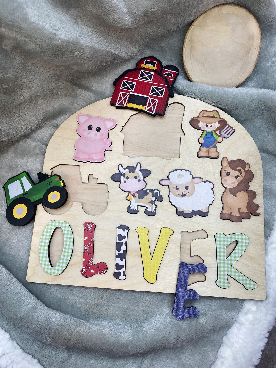 Farm Theme Wooden Name Puzzle, Name Puzzle For Toddlers, Montessori Toy for Kids