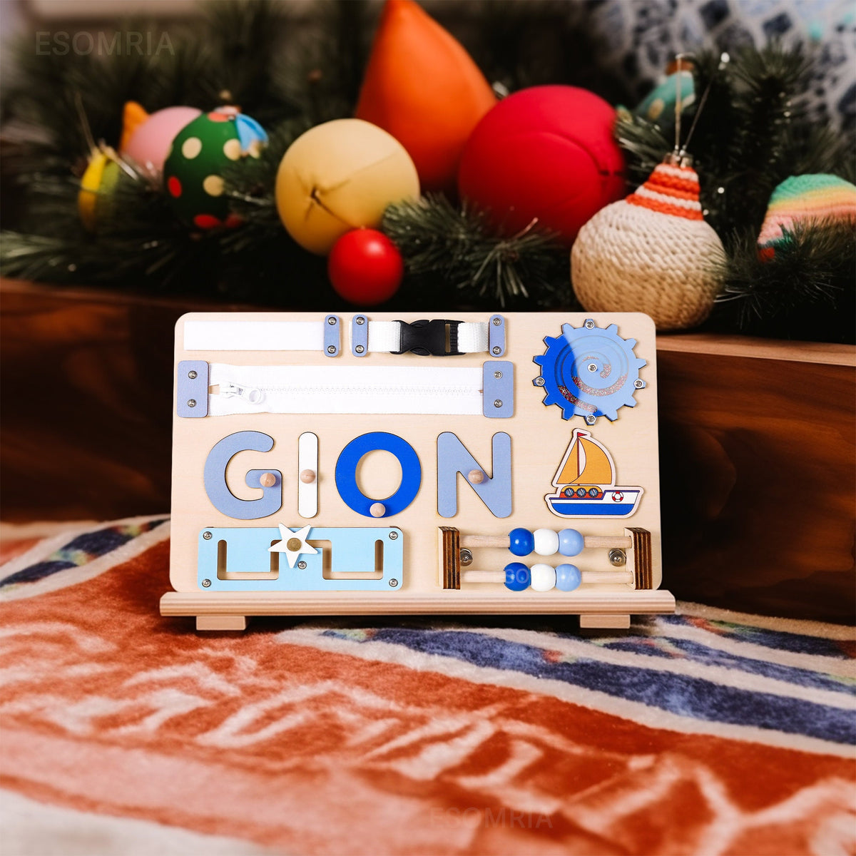 Personalized Busy Board for Toddlers - Montessori Sensory Activity with Locks, Gears, Buckles, and Boat Shape