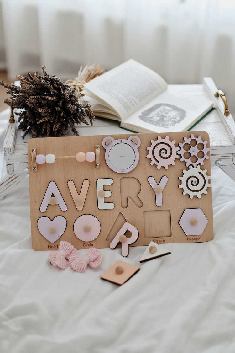 Personalized Busy Board for Toddlers - Montessori Toys Activity Board with Locks, Gears, Buckles