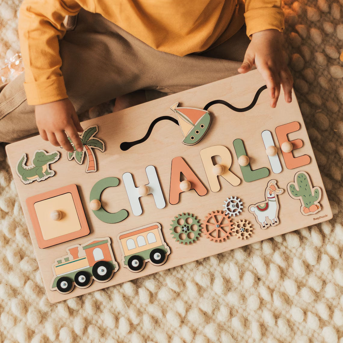 Montessori Busy Board, Personalized Puzzle Sensory Activity Wooden Toys Baby Gift