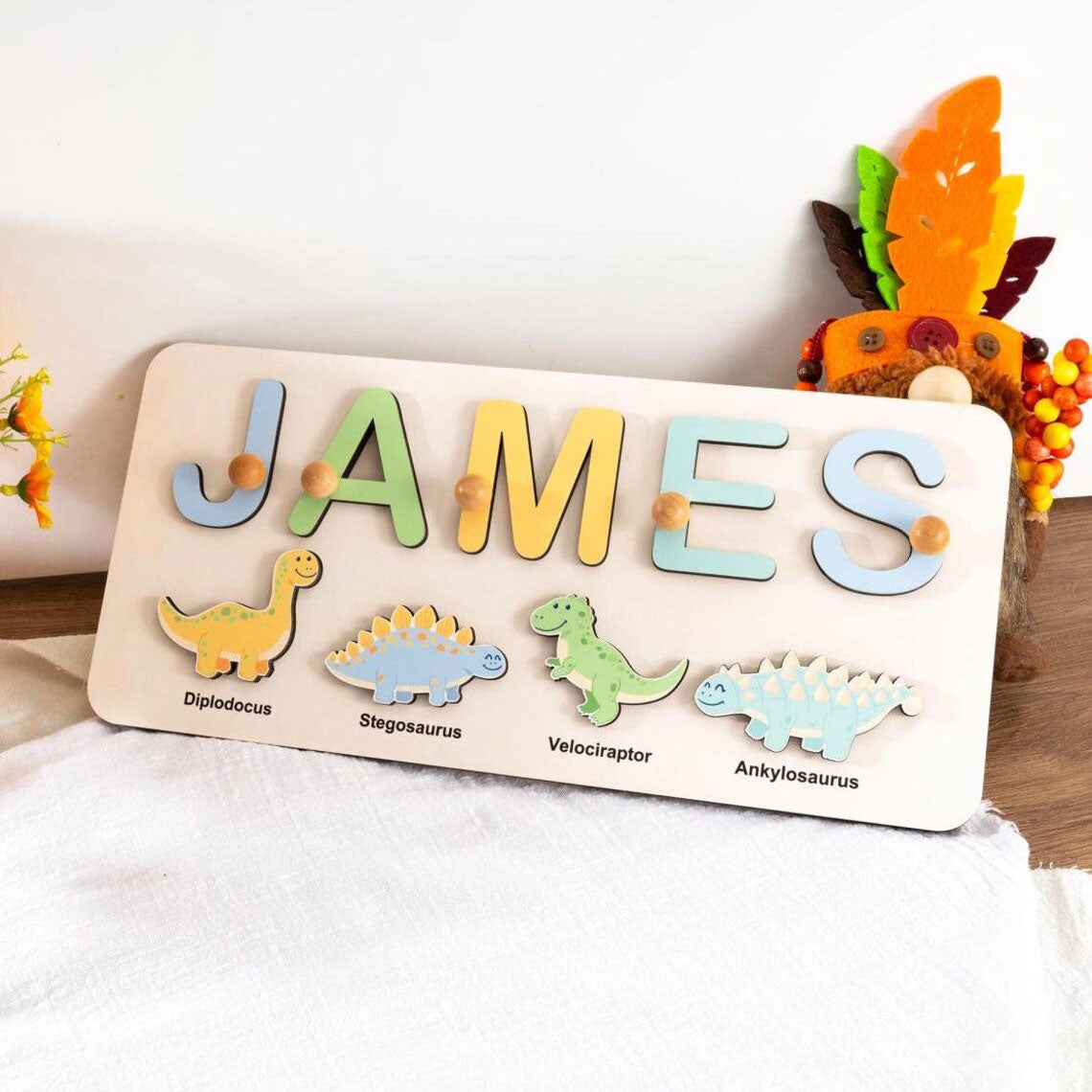 Name Puzzle With Dinosaur Pattern, Montessori Toys Board, Custom Name