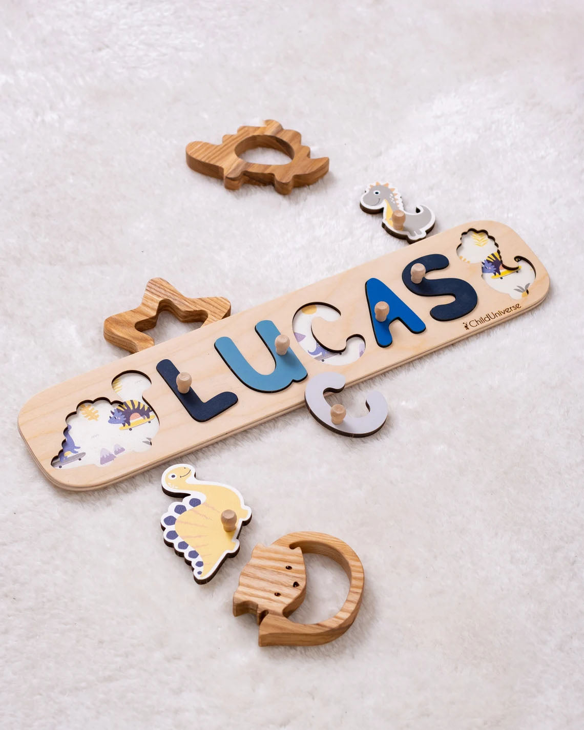 Personalized Name Puzzle With Pegs, Dino Puzzle For Child - Montessori Baby Toys