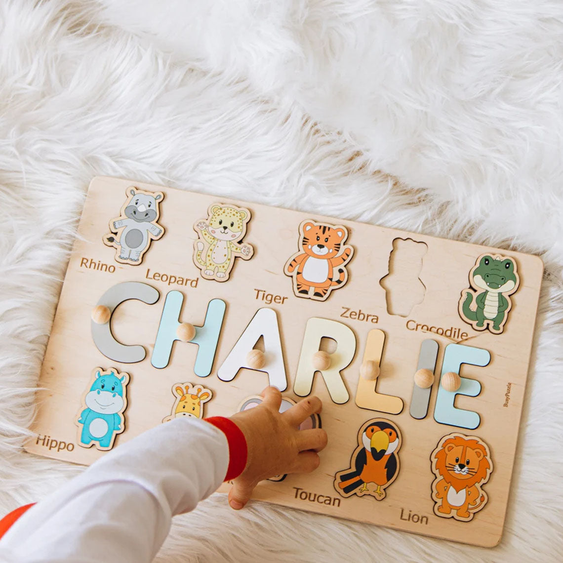 Custom Name Puzzles with Safari Animals, Montessori Toys For Kids, Wooden Baby Toys