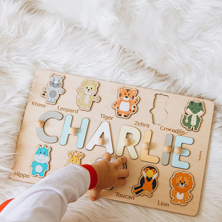 Custom Name Puzzles with Safari Animals, Montessori Toys For Kids, Wooden Baby Toys