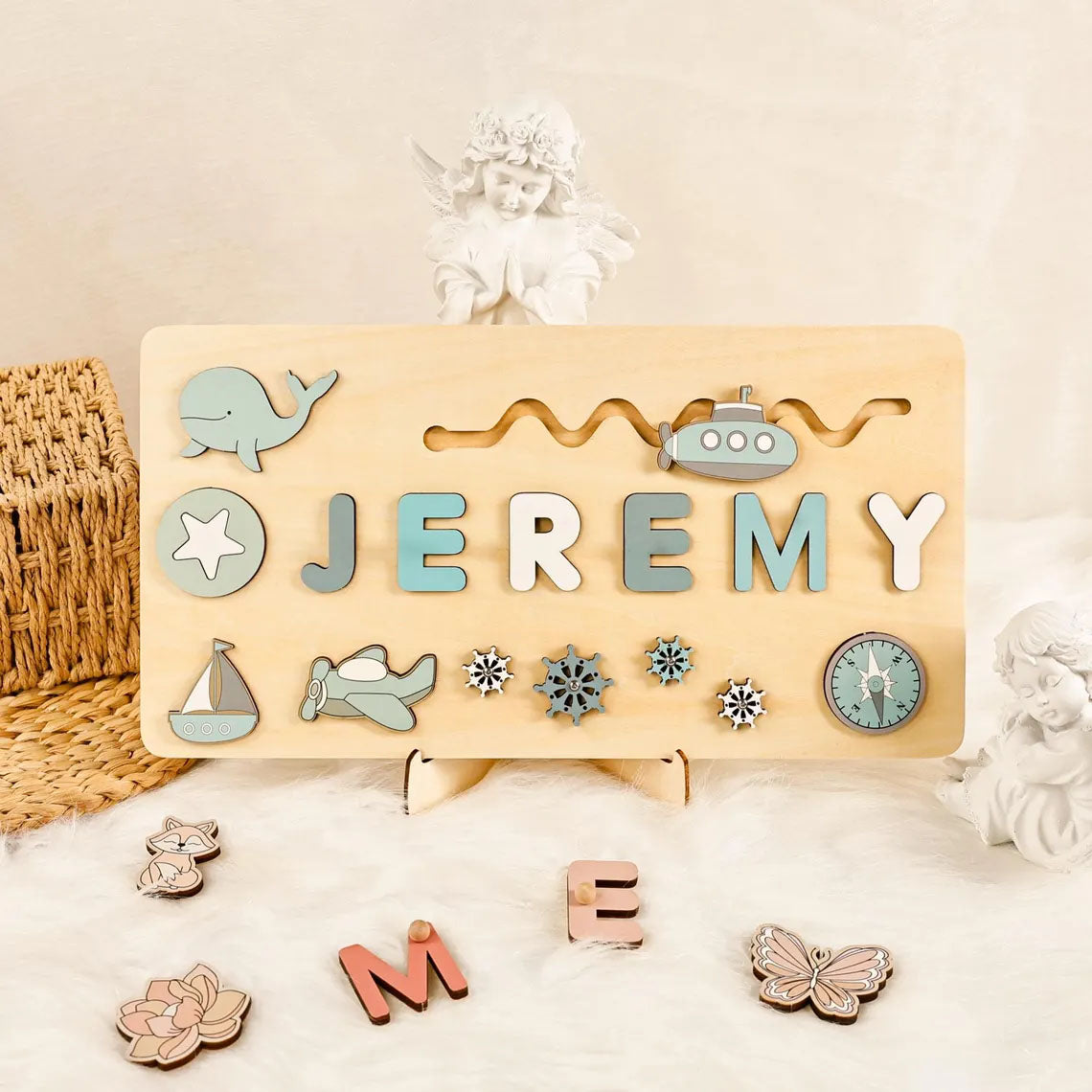Ocean Nursery Decor, Personalized Name Puzzle With Whale-Submarine, Montessori Toys Of Kids
