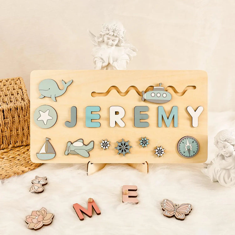 Ocean Nursery Decor, Personalized Name Puzzle With Whale-Submarine, Montessori Toys Of Kids
