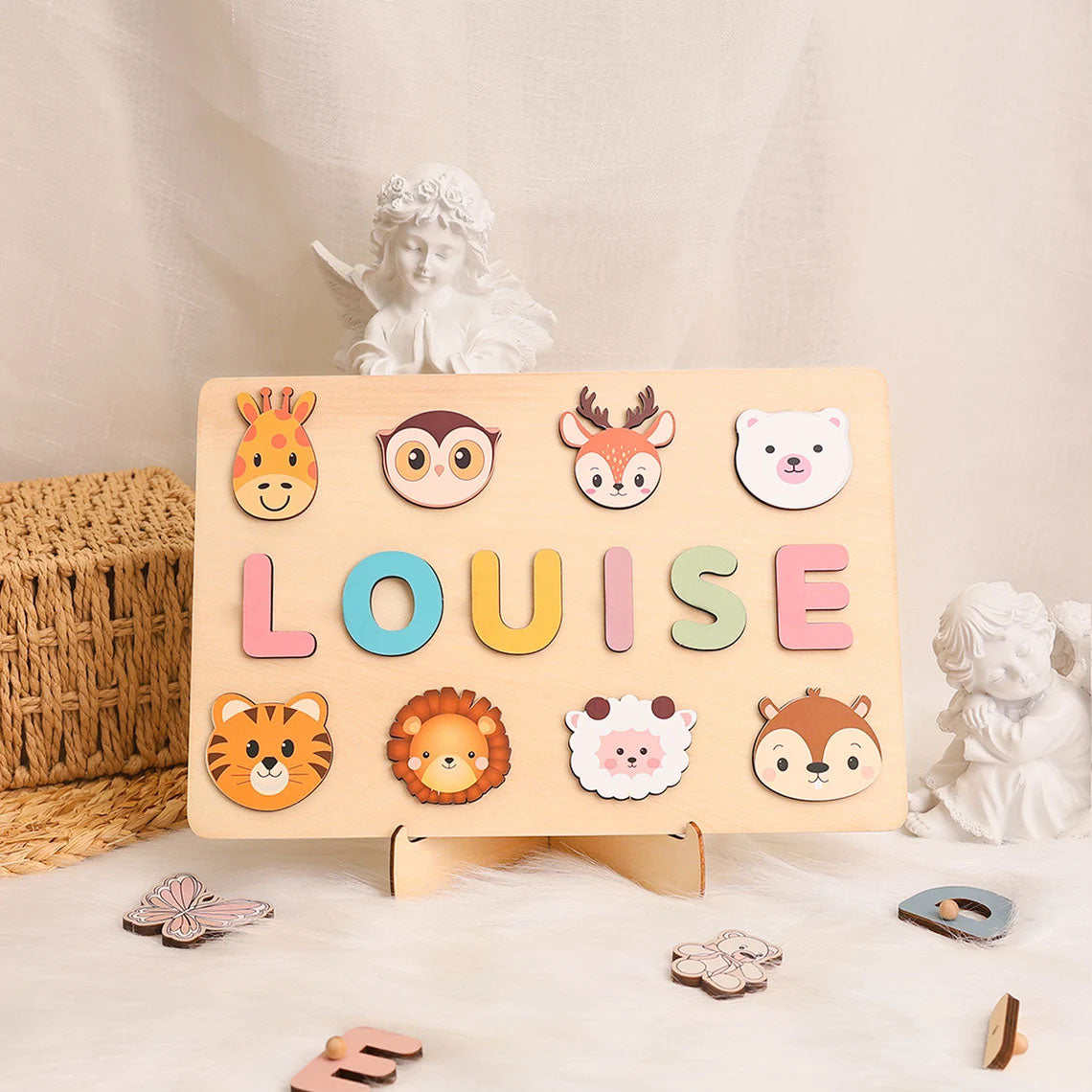 Personalized Baby Name Puzzle With Animals, Handmade Wooden, Montessori Toys Board, Back To School Gift