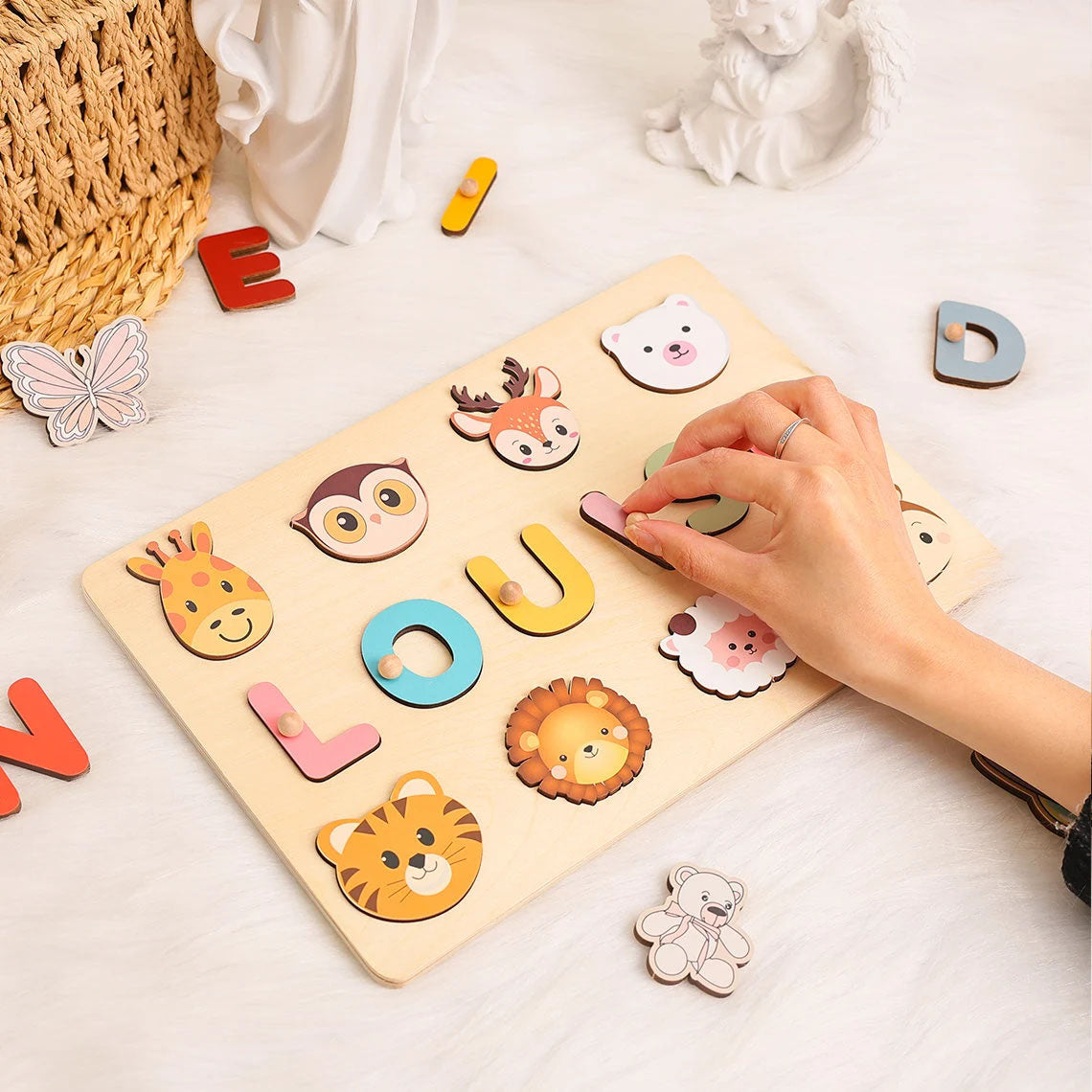 Personalized Baby Name Puzzle With Animals, Handmade Wooden, Montessori Toys Board, Back To School Gift