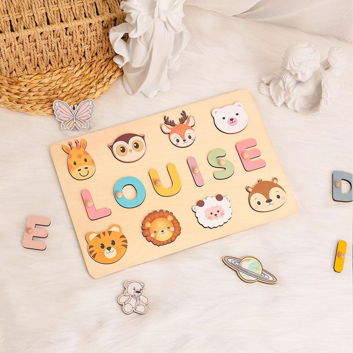 Personalized Baby Name Puzzle With Animals, Handmade Wooden, Montessori Toys Board, Back To School Gift