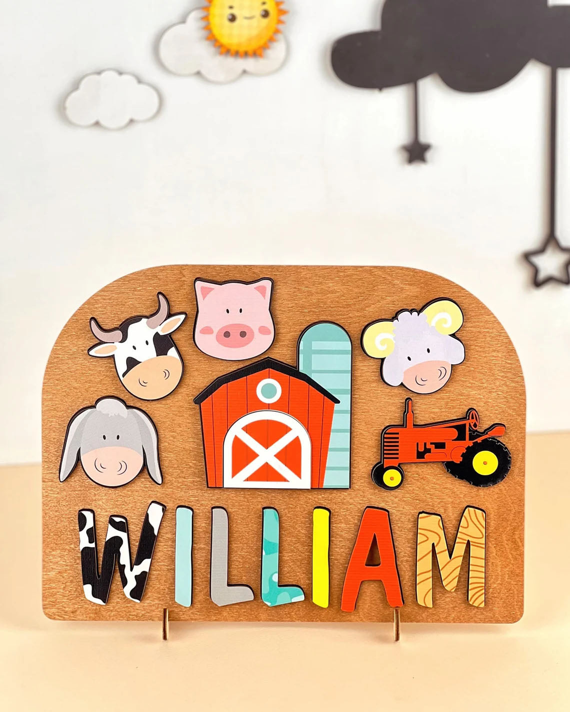 Personalized Baby Name Puzzle, Wooden Farm Animal Board, Montessori Toys