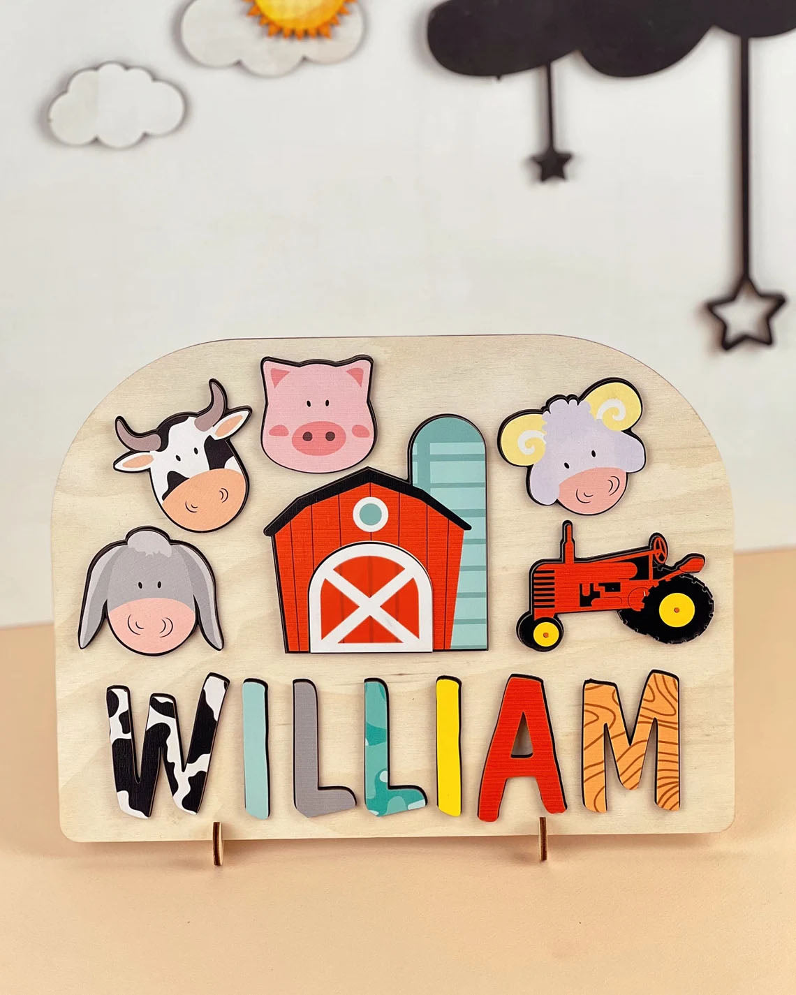 Personalized Baby Name Puzzle, Wooden Farm Animal Board, Montessori Toys