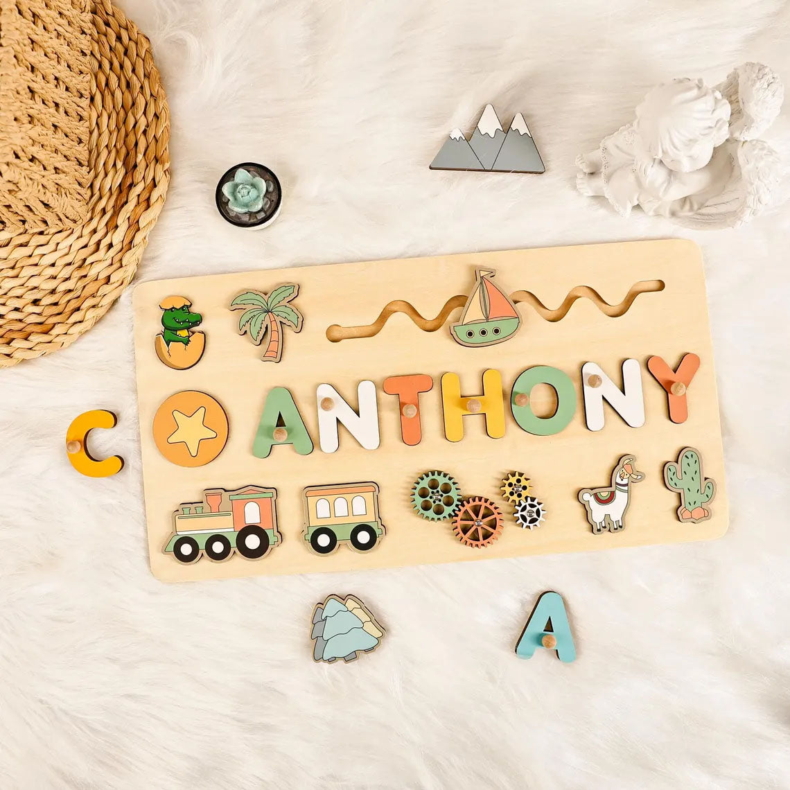 Personalized Kids Busy Board, Sensory Toy 2 Year-Old, Crocodile -Train Wooden Puzzle