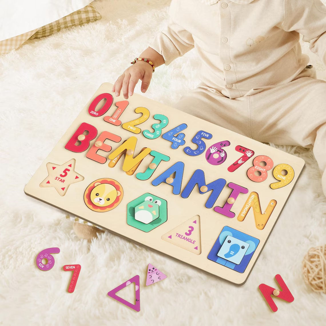 Personalized Name Puzzle With Numbers And Shapes, Gifts For Toddlers, Wooden Montessori Toys, 1st Birthday Gifts