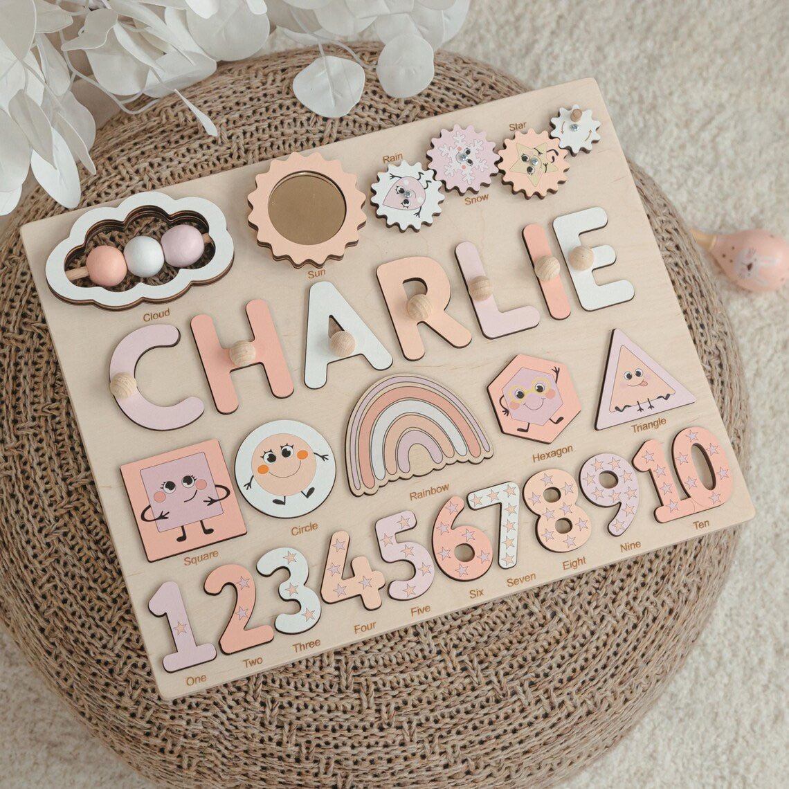 Personalized Pastel Name Puzzle with Numbers and Geometric Shapes for Kids, Montessori Toys Of Kids