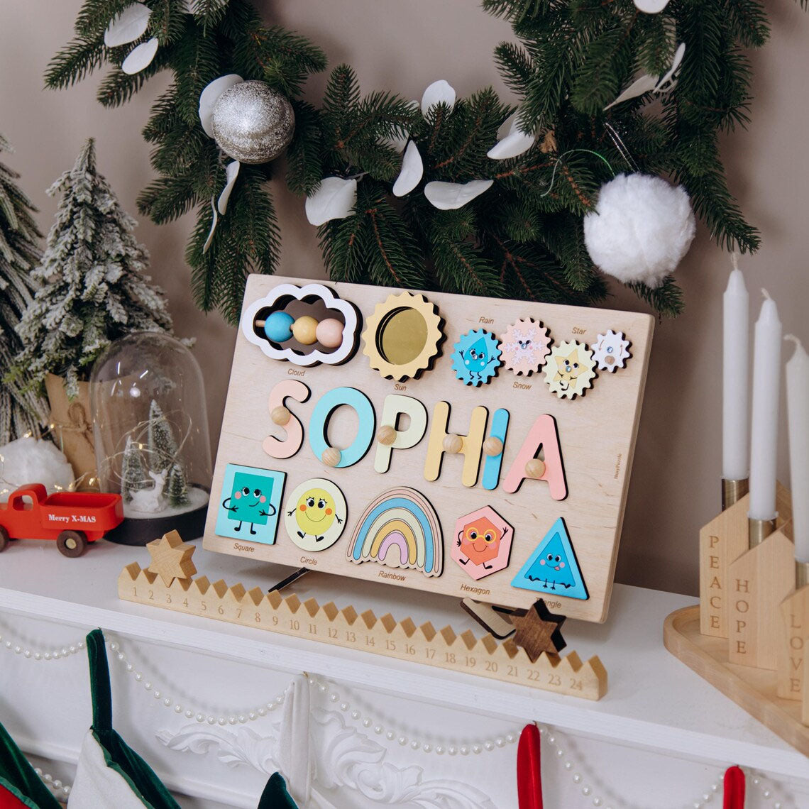 Personalized Pastel Name Puzzle with Numbers and Geometric Shapes for Kids, Montessori Toys Of Kids