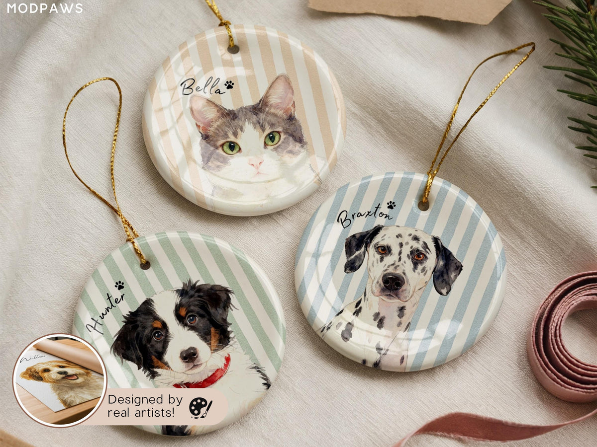 Personalized pet memorial ornaments with watercolor dog and cat portraits on striped backgrounds