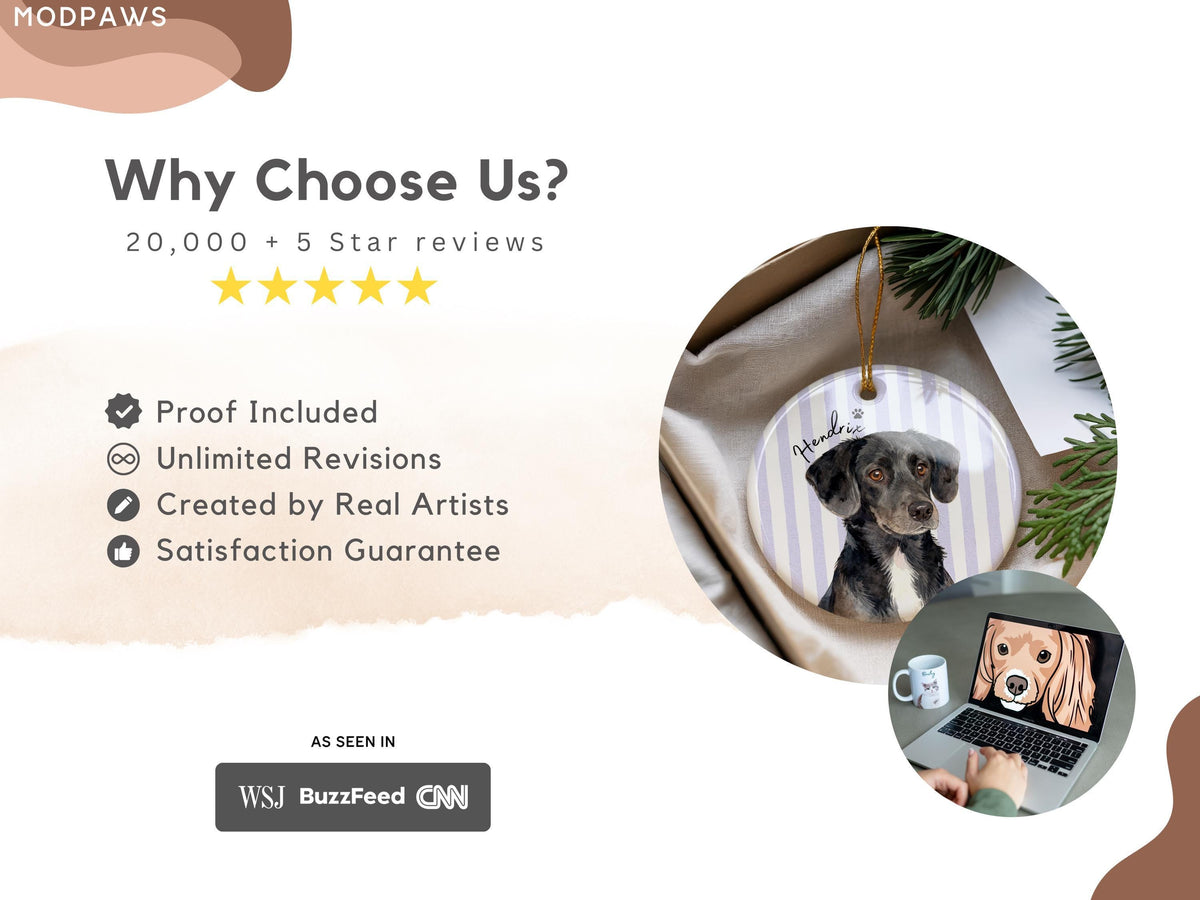 Purple striped dog portrait ornament presented in a white gift box