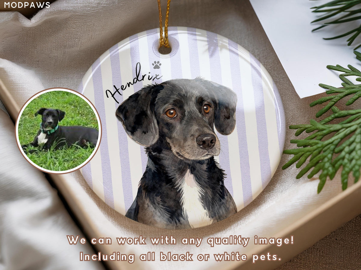 Purple striped pet memorial ornament with Hendrix dog portrait