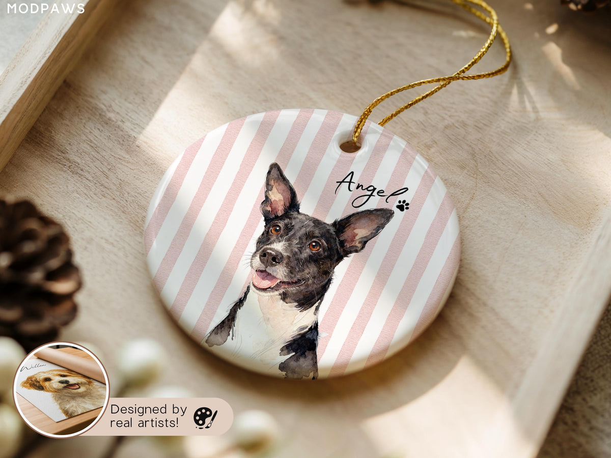 Pink striped dog memorial ornament personalized with Angel name