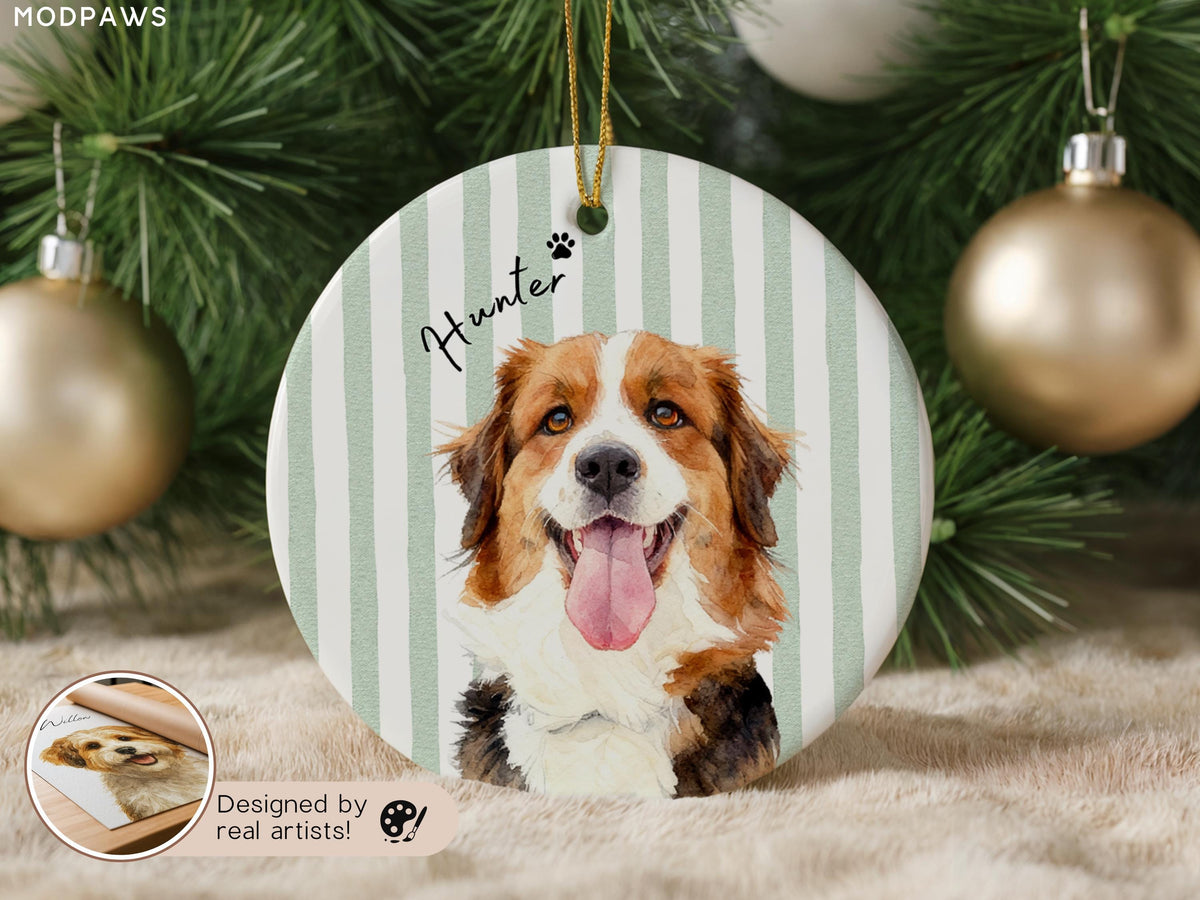 Green striped dog portrait ornament personalized with Hunter name