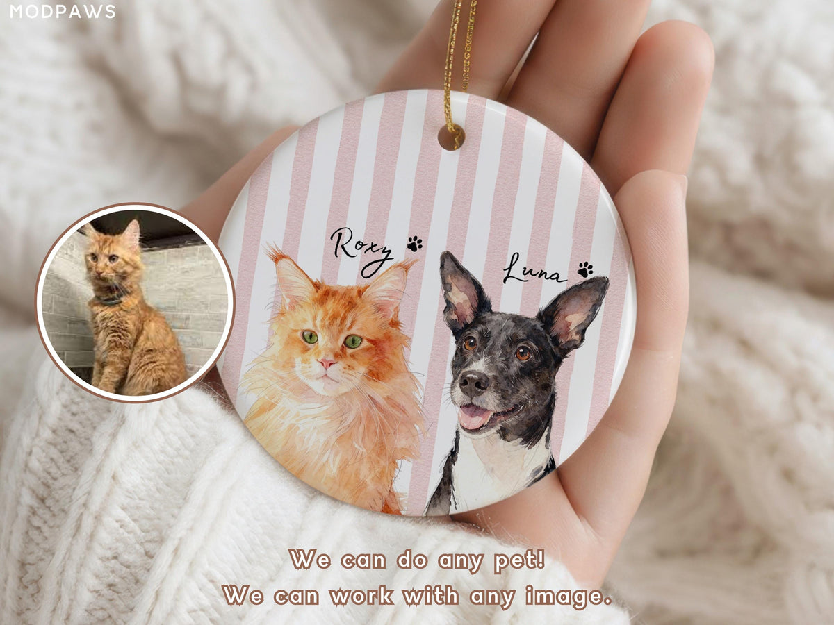 Two pet portrait ornament with Roxy cat and Luna dog on pink stripes