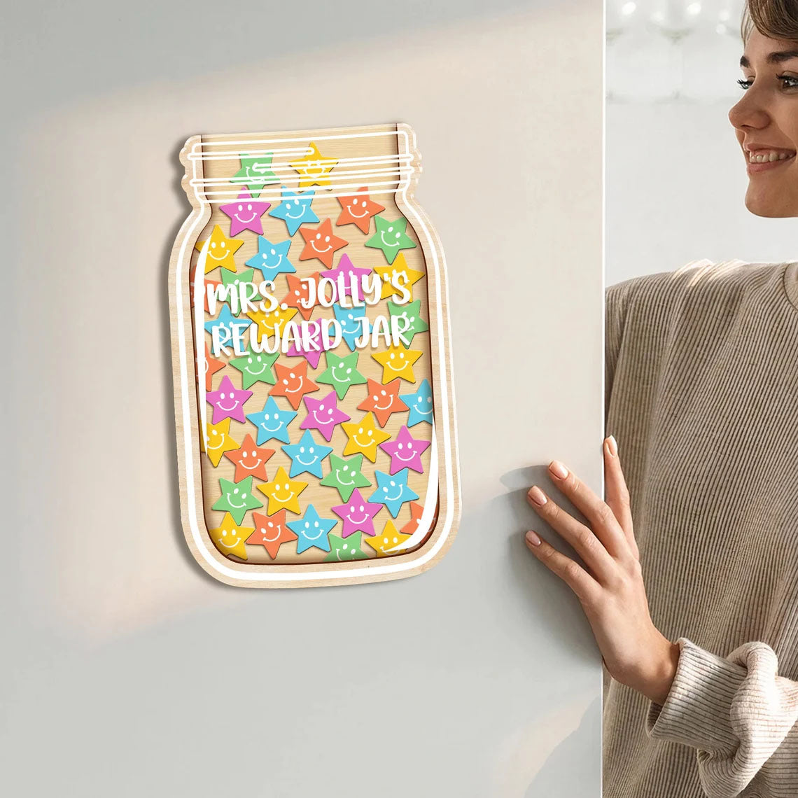 Personalized Teacher Name Rewards Jar, Smiling Star Tokens Reward Jar, Montessori Toy for Kids