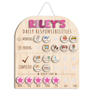 Personalized Wooden Daily Responsibilities Chart Of Chores With Stars Reward For Girls, Wooden Chore Chart For Kids