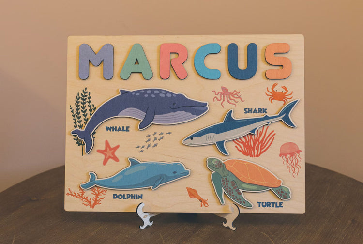 Sea Wooden Name Puzzle With Shapes And Letters -Educational Toys