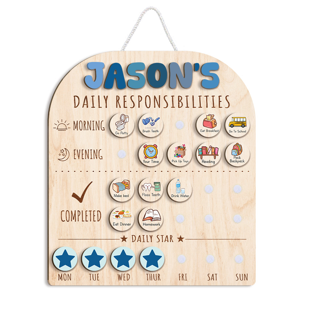 Personalized Wooden Daily Responsibilities Chart Of Chores With Stars Reward For Boys, Wooden Chore Chart For Kids