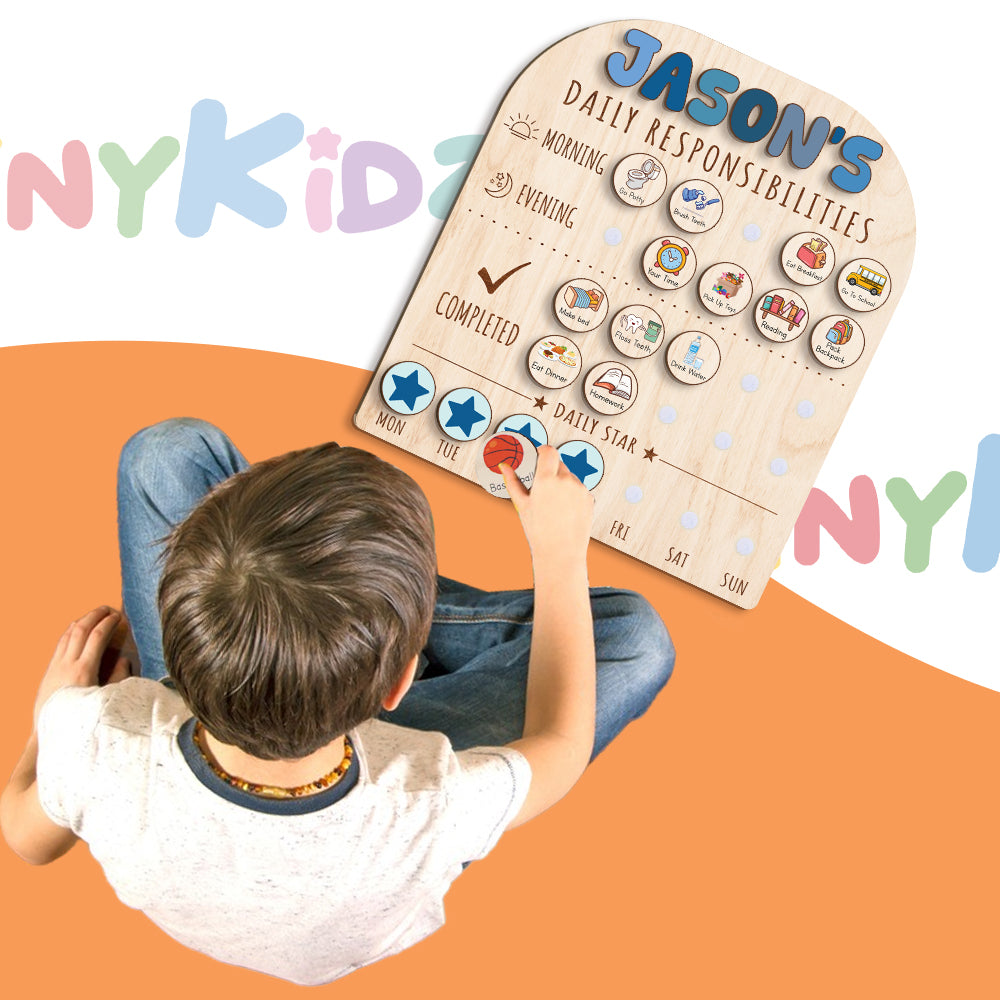 Personalized Wooden Daily Responsibilities Chart Of Chores With Stars Reward For Boys, Wooden Chore Chart For Kids