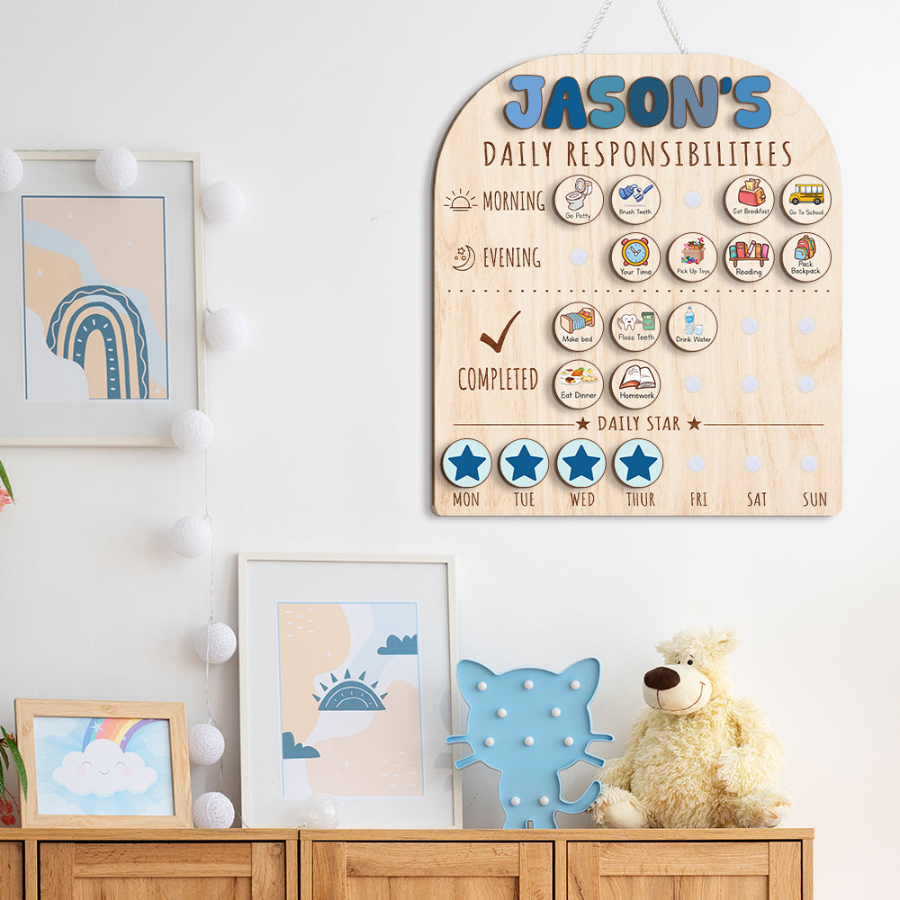 Personalized Wooden Daily Responsibilities Chart Of Chores With Stars Reward For Boys, Wooden Chore Chart For Kids