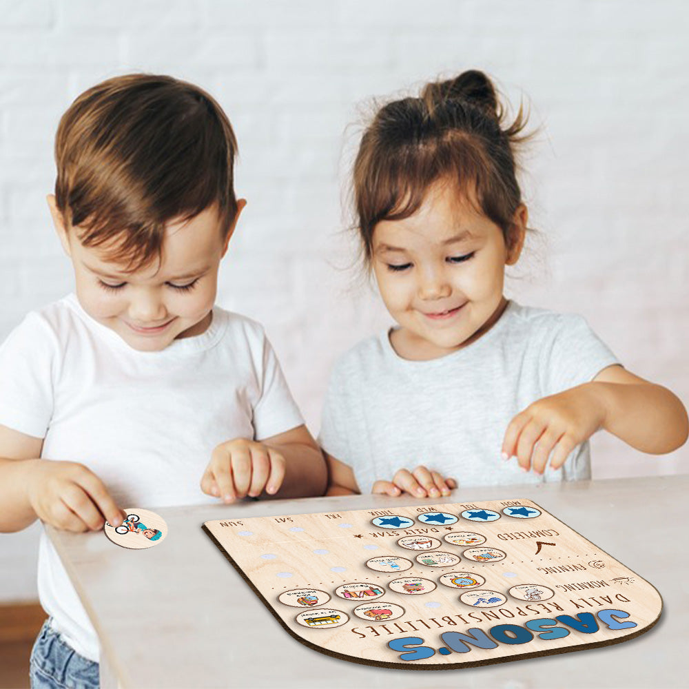 Personalized Wooden Daily Responsibilities Chart Of Chores With Stars Reward For Boys, Wooden Chore Chart For Kids