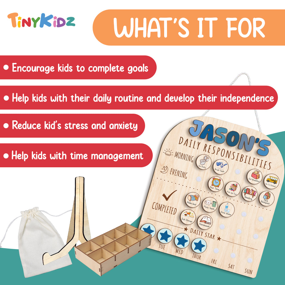 Personalized Wooden Daily Responsibilities Chart Of Chores With Stars Reward For Boys, Wooden Chore Chart For Kids