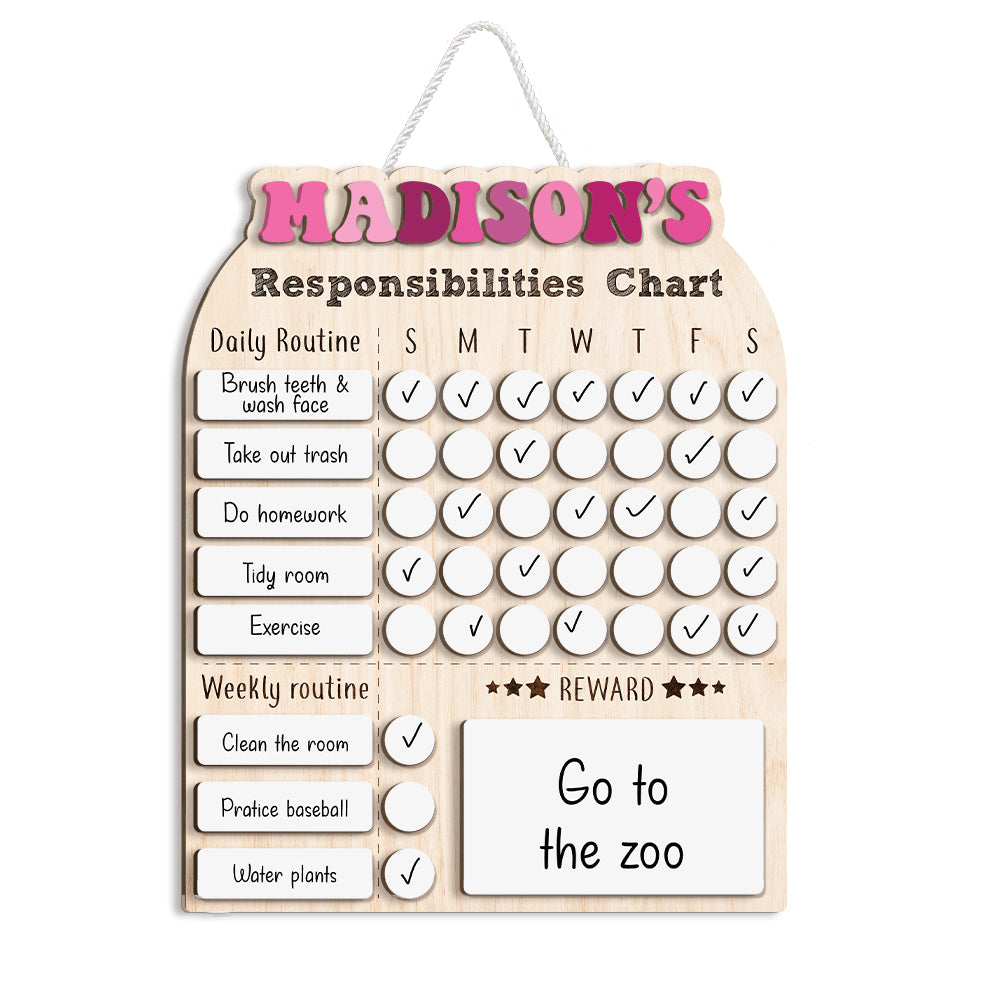 Personalized Weekly Chart For Kids, Wood Chore Chart For Girls Custom Name, Behavior Chart For Kids