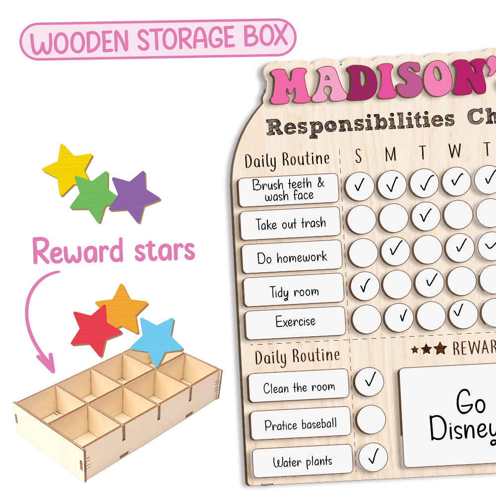 Personalized Weekly Chart For Kids, Wood Chore Chart For Girls Custom Name, Behavior Chart For Kids