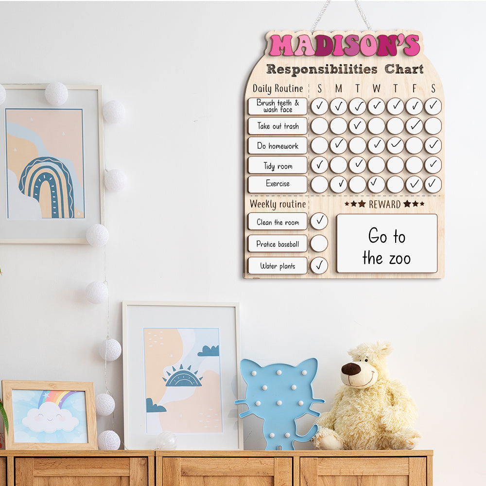 Personalized Weekly Chart For Kids, Wood Chore Chart For Girls Custom Name, Behavior Chart For Kids
