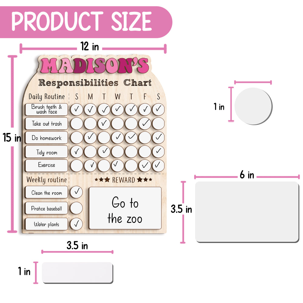 Personalized Weekly Chart For Kids, Wood Chore Chart For Girls Custom Name, Behavior Chart For Kids