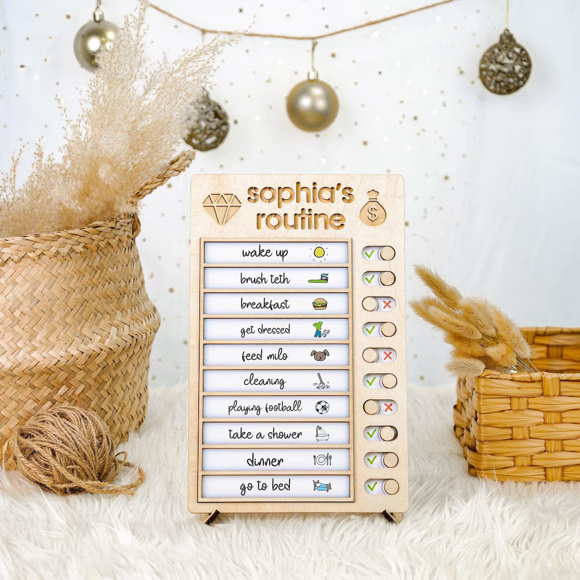 Customized Sliding Wooden Toddler Routine Chore Chart, Visual Schedule For Kids