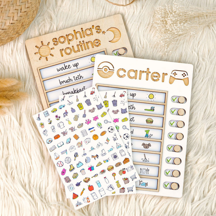 Customized Sliding Wooden Toddler Routine Chore Chart, Visual Schedule For Kids